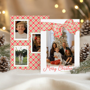 Red & Green Christmas Plaid Bow Wrap Photo Holiday Card