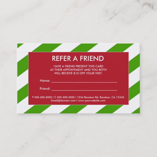 Red green Christmas refer a friend business cards (Front)
