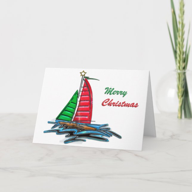 Red & Green Christmas Sailboat Holiday Card (Front)