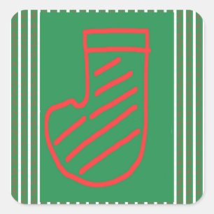 Red Green Christmas Stocking on Green Square Sticker