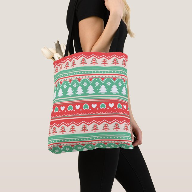 Red & Green Christmas Tree Love  - Festive Holiday Tote Bag (Close Up)