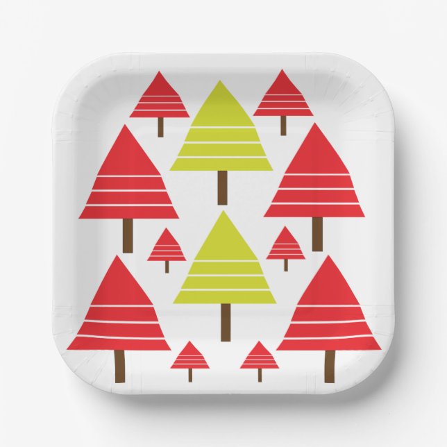 Red Green Christmas Tree Modern Minimal Pattern Paper Plate (Front)