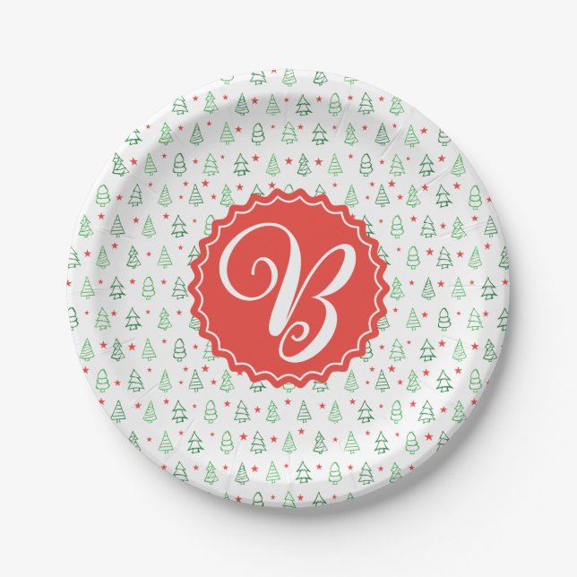 Red & Green Christmas tree  Paper Plate (Front)