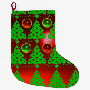 RED GREEN CHRISTMAS TREE WITH HEARTS LARGE CHRISTMAS STOCKING