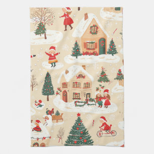 Red Green Christmas Village Snowy Beige Pattern Kitchen Towel