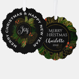 RED & GREEN CHRISTMAS WREATH, PERSONALIZED ORNAMENT CARD