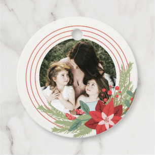 Red Green Circle Christmas Photo Poinsettia Floral Favour Tags