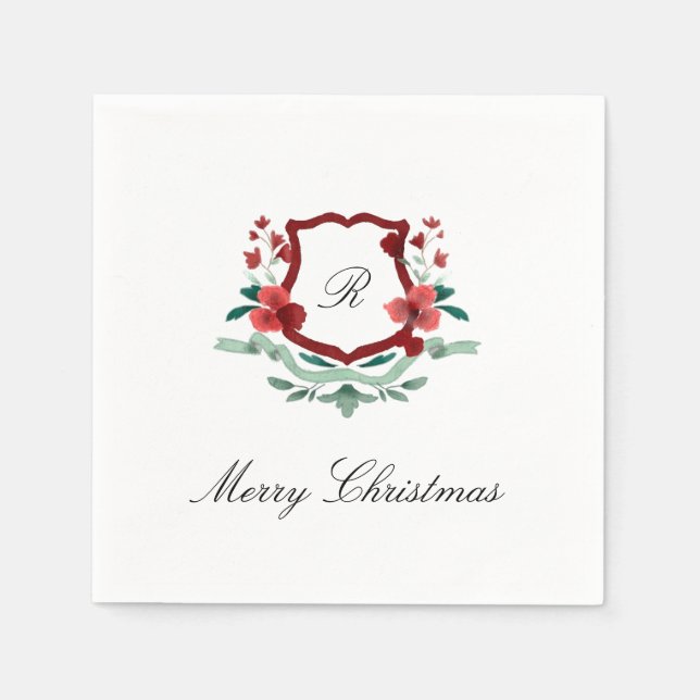 Red & Green Classic Christmas Monogram Crest Napkin (Front)