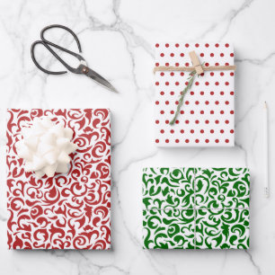 Red Green Coloured Damask Polkadots On Crisp White Wrapping Paper Sheet