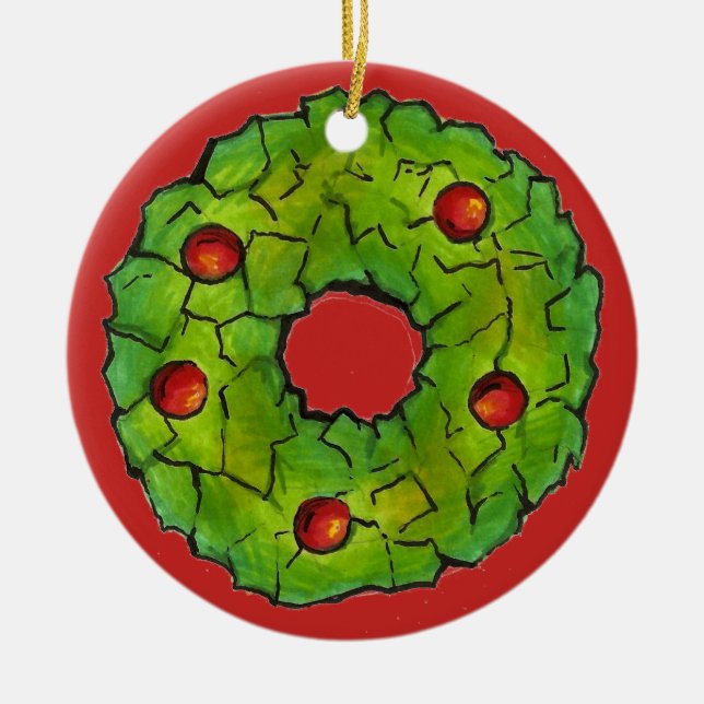 Red Green Cornflake Holly Wreath Christmas Cookie Ceramic Ornament (Front)