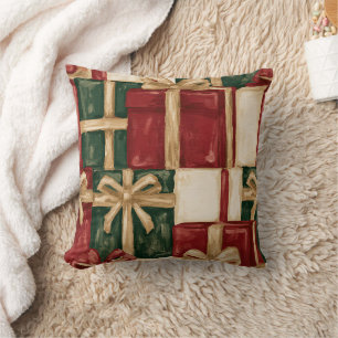 Red Green Cream Gift Gold Snowflakes Christmas Throw Pillow