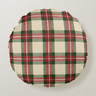 Red Green Cream Plaid Stripes Christmas Round Pillow