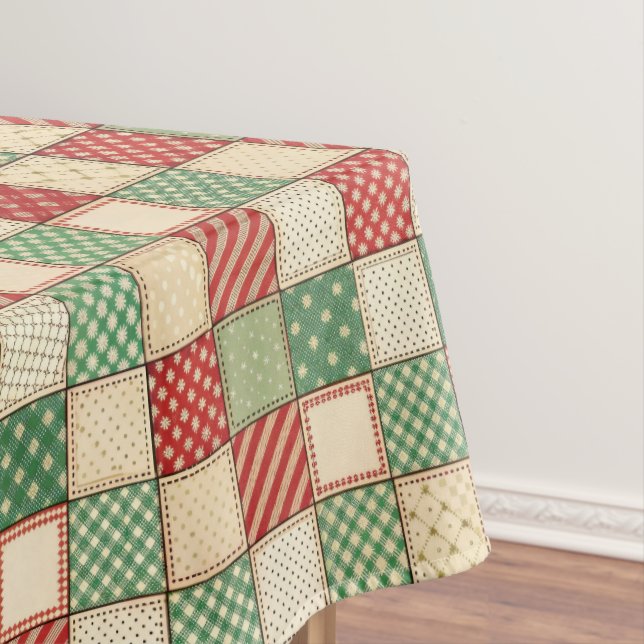 Red Green Cream Rustic Plaid Patchwork Quilt Look  Tablecloth (In Situ)