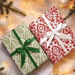 Red Green Damask Pattern Christmas Wrapping Paper Sheet
