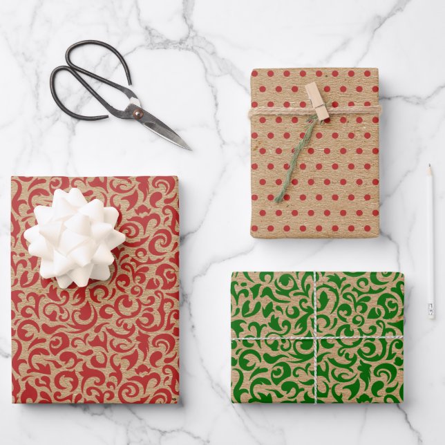 Red Green Damask Polkadots On Brown Kraft Coloured Wrapping Paper Sheet (Front)