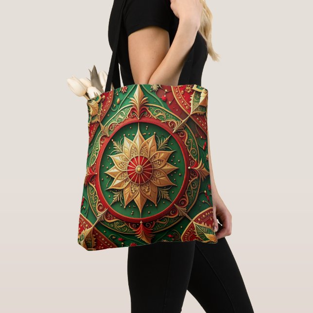 Red Green Decorative Christmas Holiday Tote Bag (Close Up)