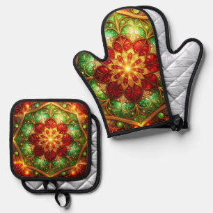 Red Green Decorative Christmas Tree Oven Mitt & Pot Holder Set