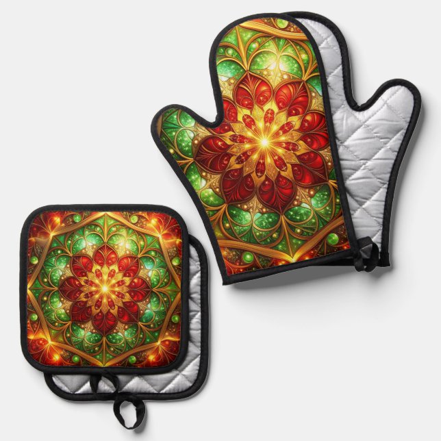 Red Green Decorative Christmas Tree Oven Mitt & Pot Holder Set (Front/Back)