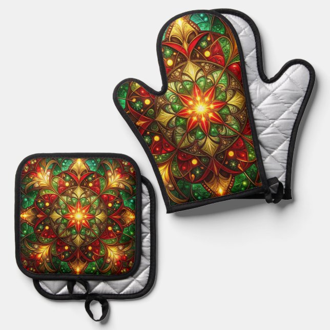 Red Green Decorative Christmas Tree Oven Mitt & Pot Holder Set (Front/Back)