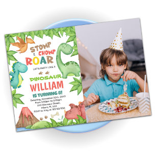 Red Green Dinosaur Birthday Invitations with photo