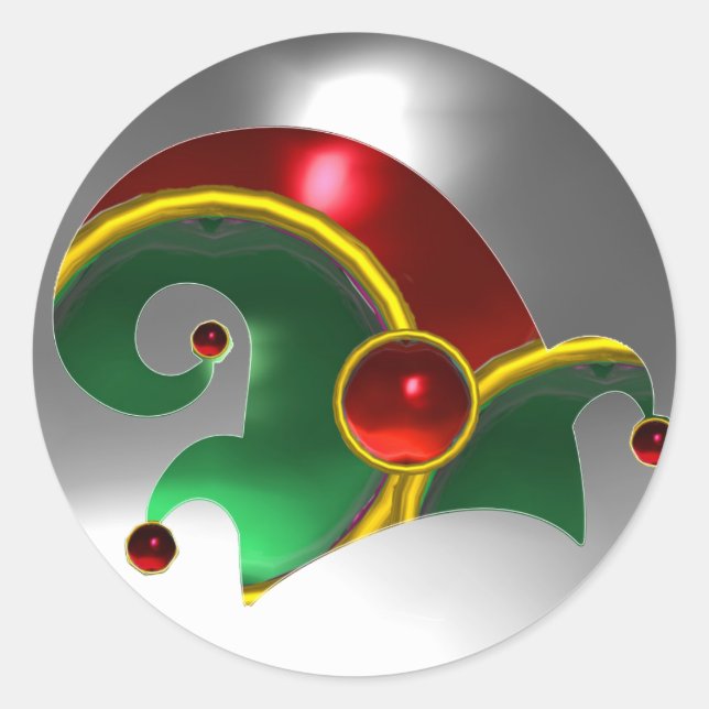 RED GREEN ELF HAT /GOLD JEWELS ,  RUBY GEM STONES CLASSIC ROUND STICKER (Front)