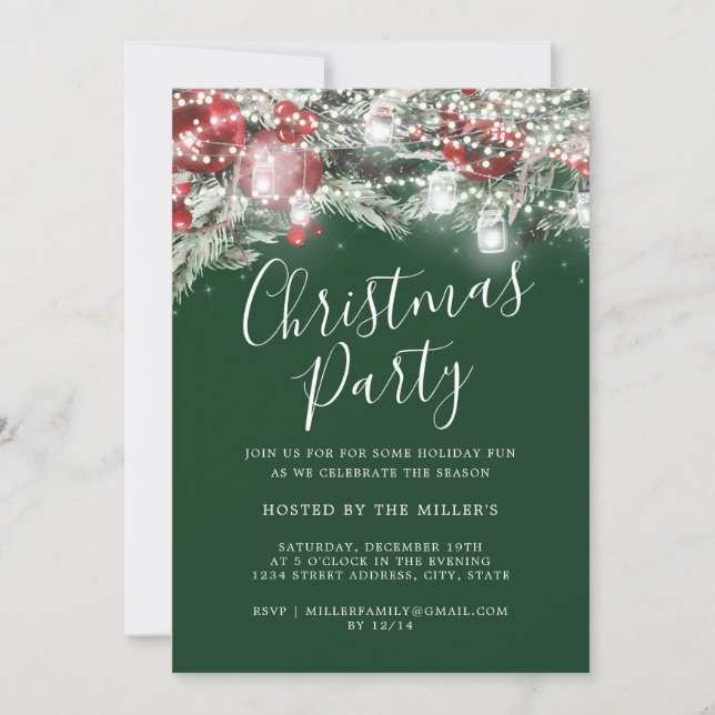 Red Green Festive Foliage Lights Christmas Party   Invitation (Front)