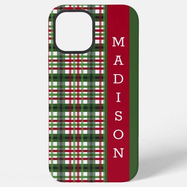 Red Green Festive Tartan Pattern Personalized Name iPhone Case (Back)