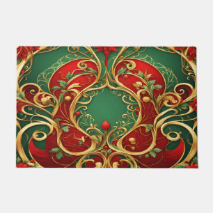 Red Green Floral Christmas Holiday Doormat