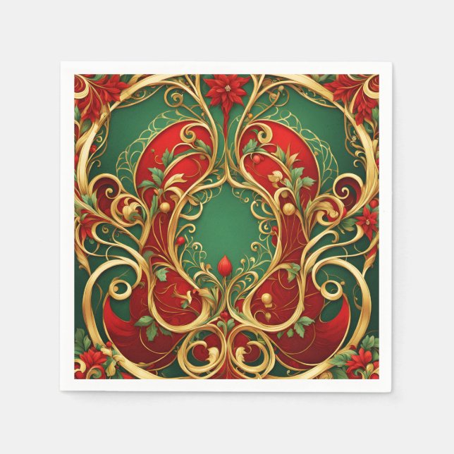 Red Green Floral Christmas Holiday Napkin (Front)