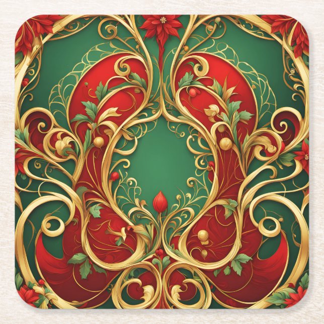 Red Green Floral Christmas Holiday Paper Coaster (Front)