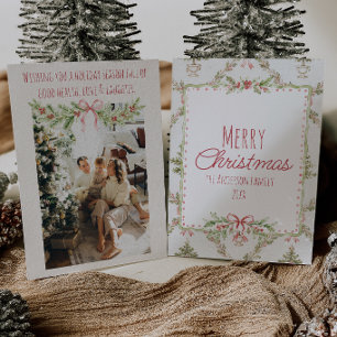 Red Green Floral Colourful Bow Frame Christmas Holiday Card
