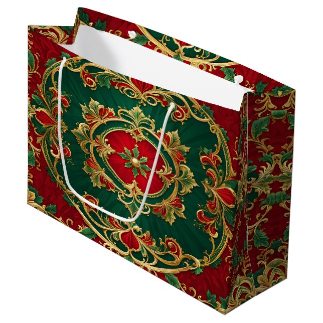 Red Green Floral Decorative Holiday Gift Bag (Front Angled)