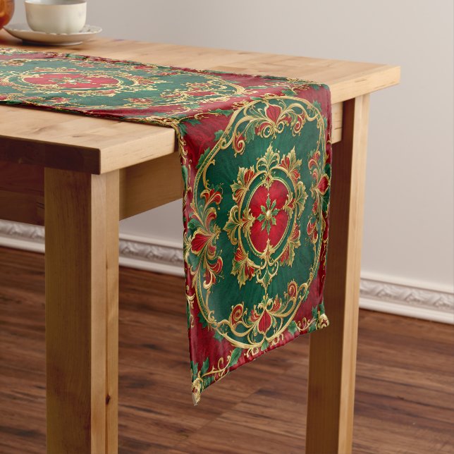 Red Green Floral Decorative Holiday Table Runner (In Situ)
