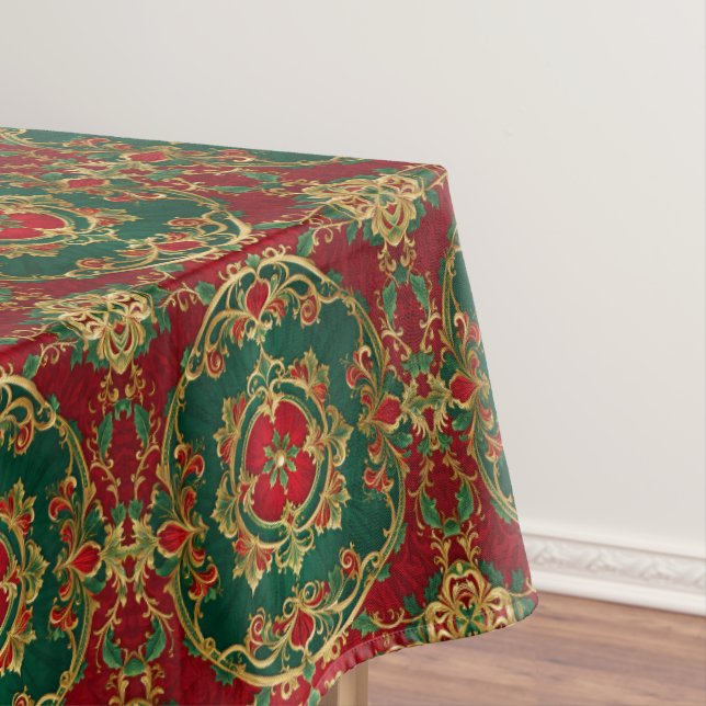 Red Green Floral Decorative Holiday Tablecloth (In Situ)