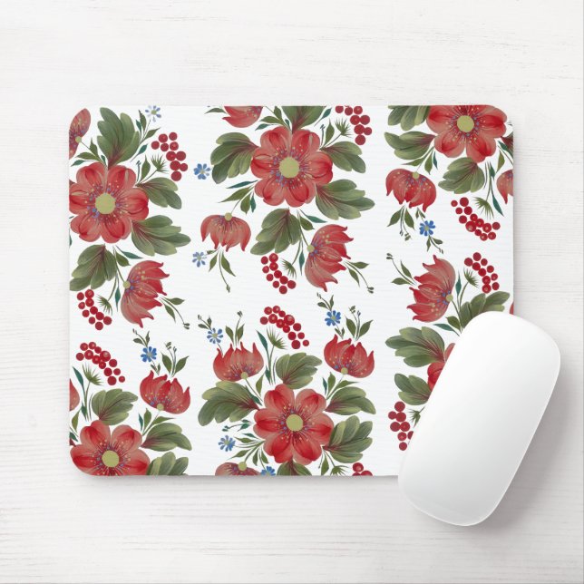 Red & Green Floral Folk Art Mouse Pad (With Mouse)