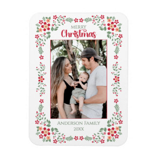 Red&Green Floral Frame Family Photo Christmas Magnet