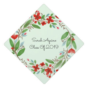 Red & Green Floral Graduation Wreath Class Year Cap Topper