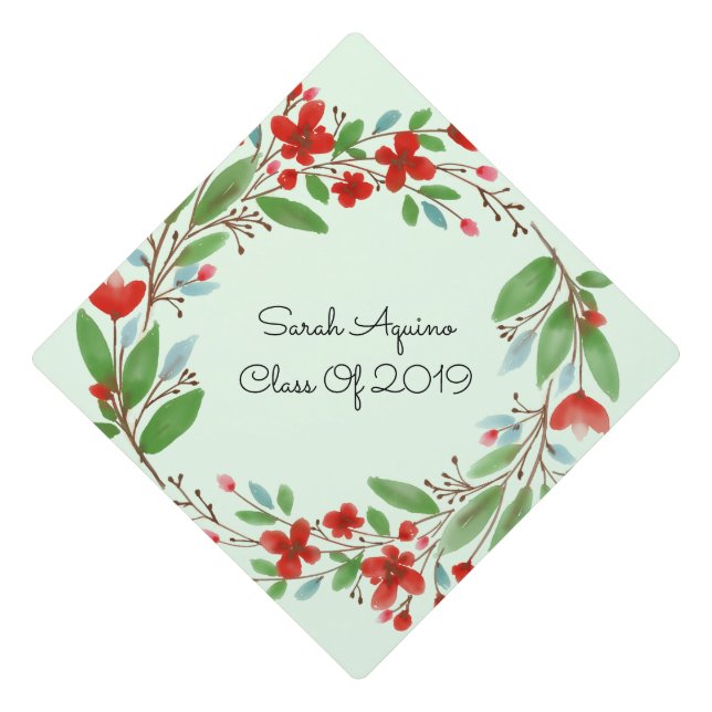 Red & Green Floral Graduation Wreath Class Year Graduation Cap Topper (Front)