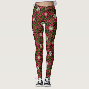  Red & Green Floral Kaleidoscope Leggings