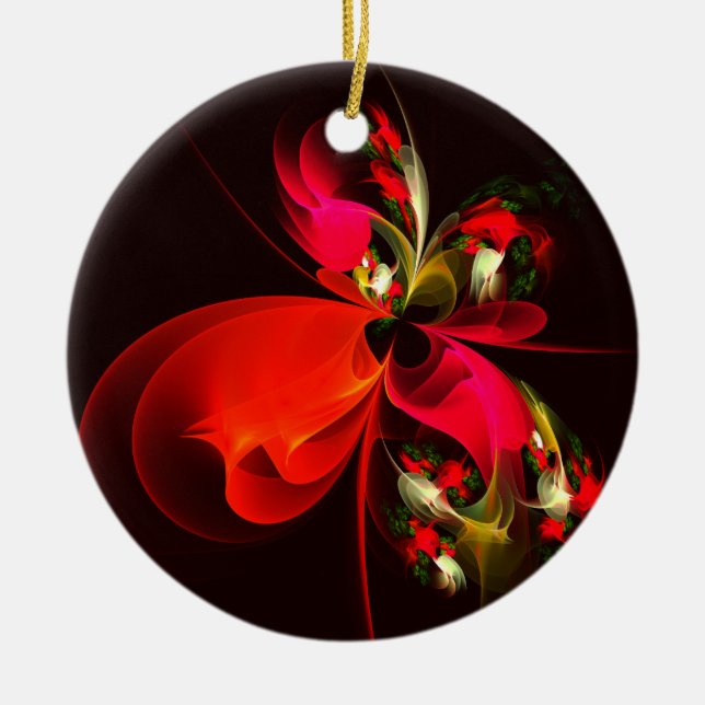 Red Green Floral Modern Abstract Art Pattern #02 Ceramic Ornament (Front)