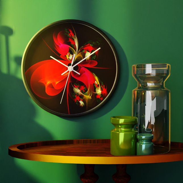 Red Green Floral Modern Abstract Art Pattern #02 Large Clock (Red Green Floral Modern Abstract Art Pattern #02 Clock)
