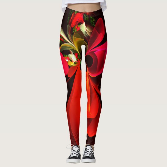 Red Green Floral Modern Abstract Art Pattern #02 Leggings (Front)