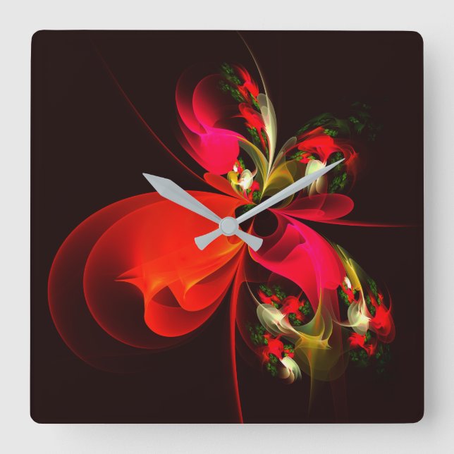 Red Green Floral Modern Abstract Art Pattern #02 Square Wall Clock (Front)
