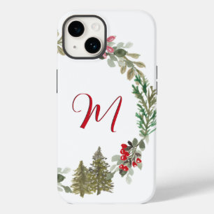Red Green Floral Monogram Christmas Case-Mate iPhone 14 Case