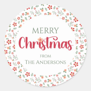 Red&Green Floral Pattern Merry Christmas Gift Classic Round Sticker
