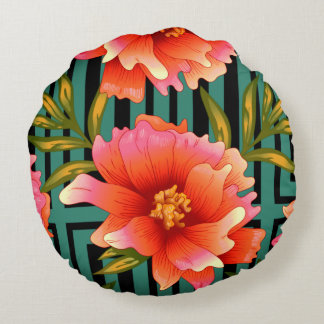 Red & Green Floral Print Round Pillow