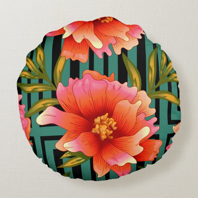 Red & Green Floral Print Round Pillow (Back)