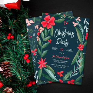 Red green floral wreath pattern Christmas Invitation