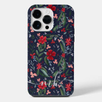 Red green floral wreath pattern winter monogram