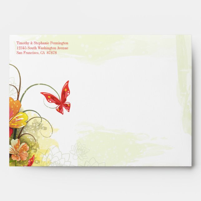 Red green flowers + butterfly wedding envelope (Front)